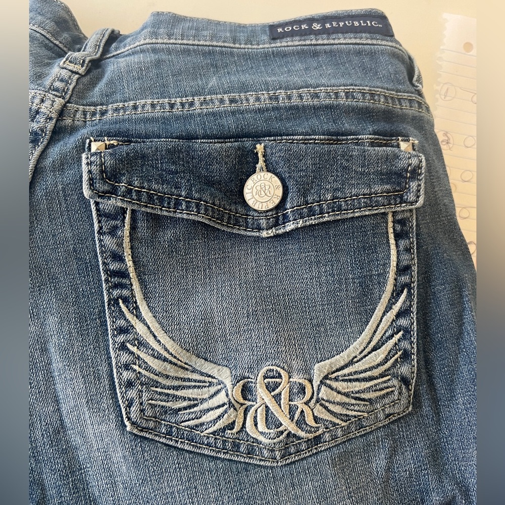 Rock&Republic Denim Jeans Size 16, Wings embroidered back pockets button down.